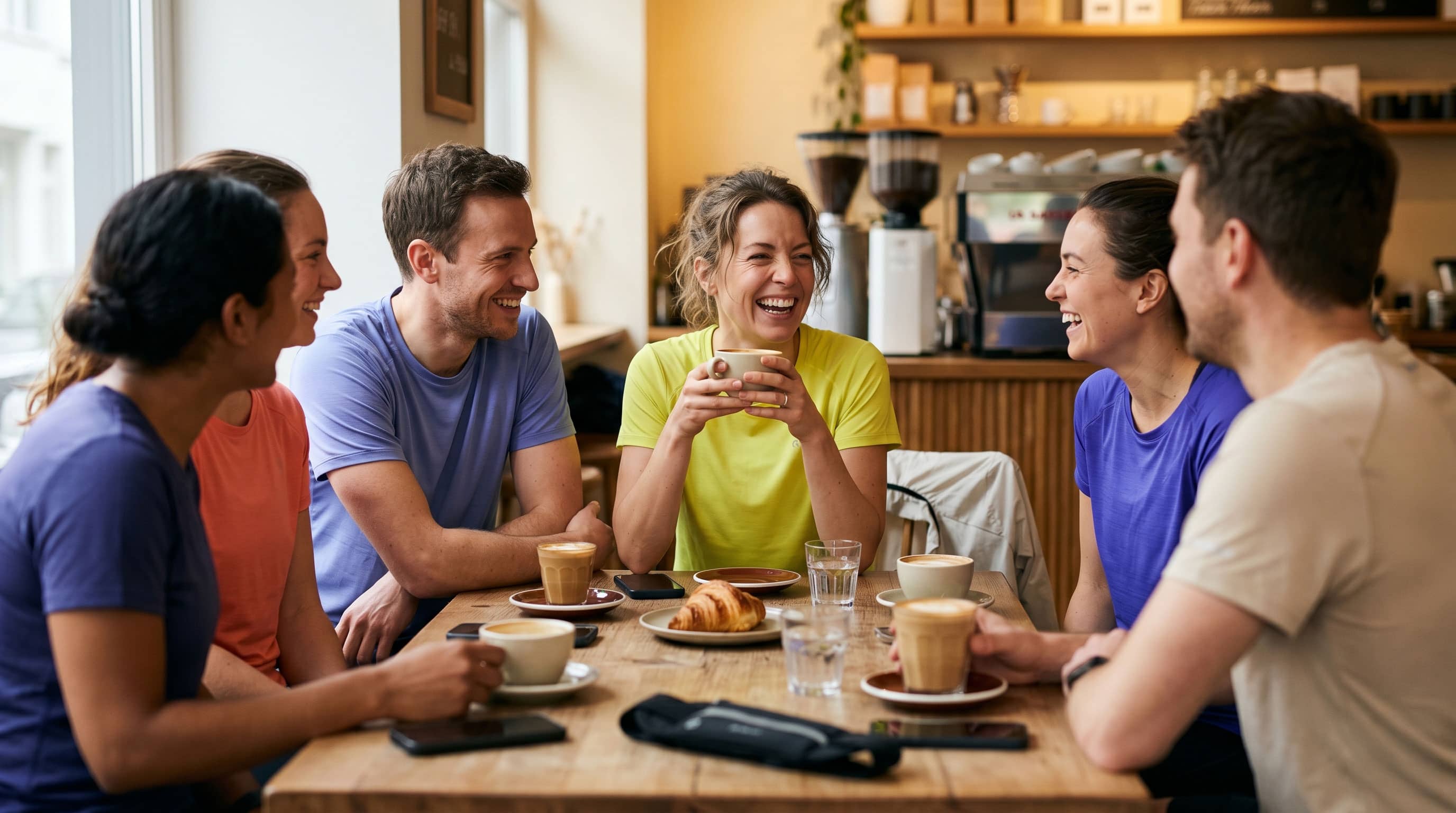 Grupo de ReasonRunners charlando con cafés en una mesa