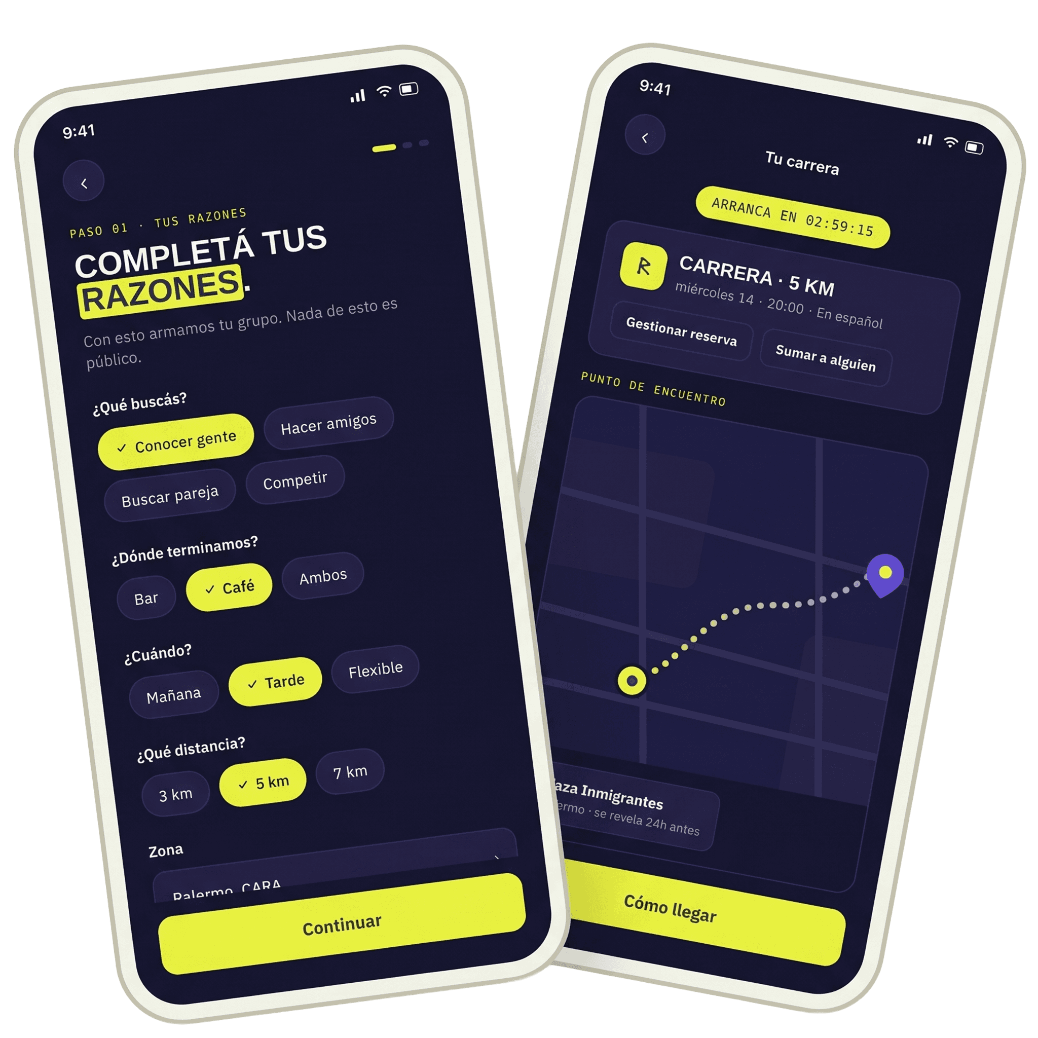 Mockups de la app de ReasonRun: completar tus razones y la pantalla de tu carrera