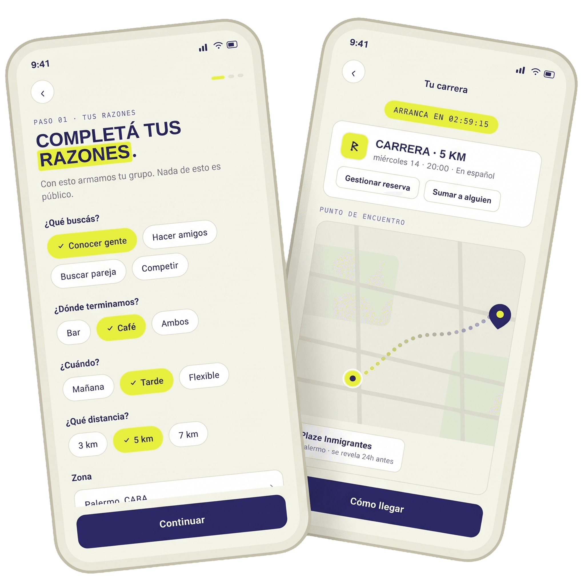 Mockups de la app de ReasonRun: completar tus razones y la pantalla de tu carrera